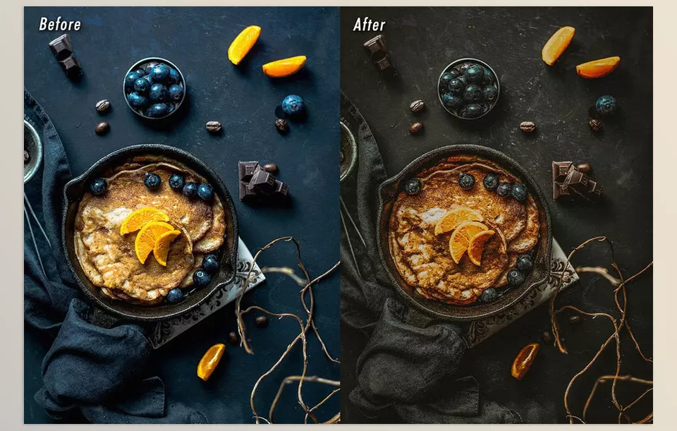 CreativeMarket - 6 Dark Food Lightroom Presets - Users can refine them with subtle adjustments tailored to the unique characteristics of colour, light, and exposure of each photo.