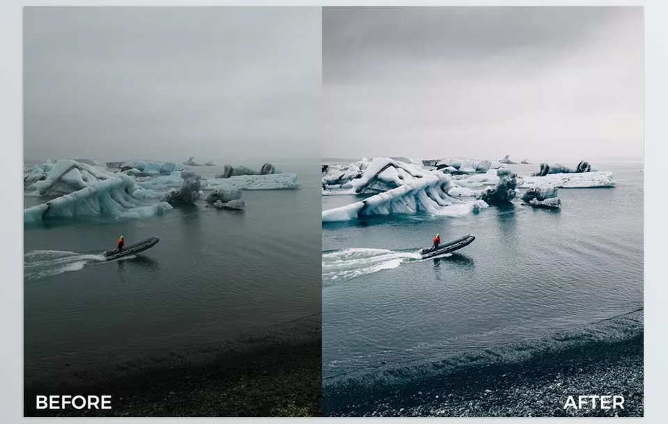 Creative Market - Festive Winter Preset Bundle - Crisp whites and subtle blues enhance the fresh, peaceful feeling of a winter landscape.