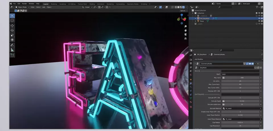 Easy Neon - Extrude your Text and adjust its size.