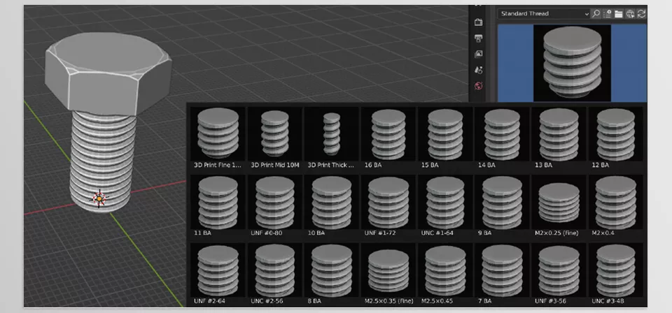 Precision Bolts - a collection of mathematically precise bolts, nuts, threaded rods, and (alpha) screws into Blender’s precision modeling environment.