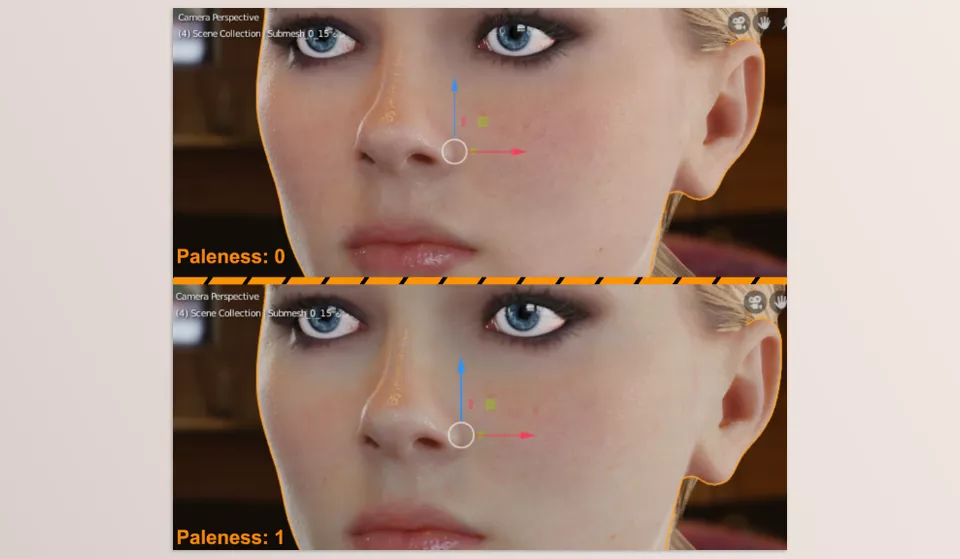 Real Skin Shader - A diffuse weight factor defines specific areas with masks, determining how each part should appear.