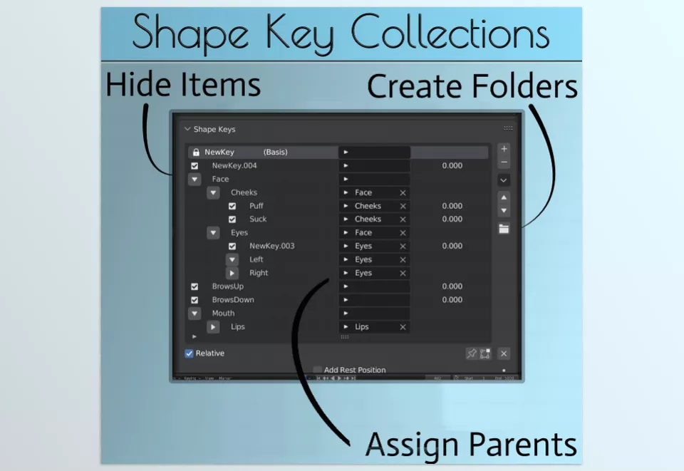 Shape Key Collections - Combine related shape keys for more efficient management and control of your mesh.