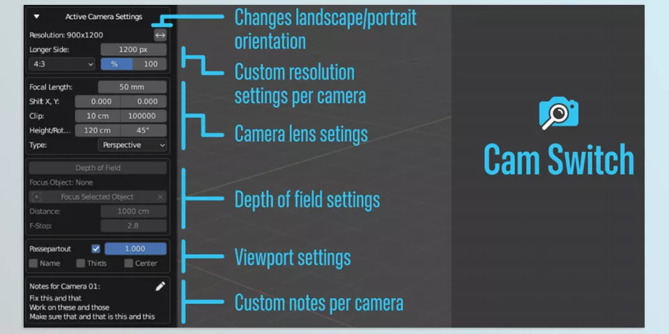 Cam Switch - quickly select, rename, and delete cameras.