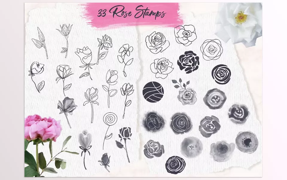 Say It With Flowers Bundle - Add a stroke of color or texture to the 60 rose-inspired and 77 botanical embellishments to brighten up your photos, logos, and designs.