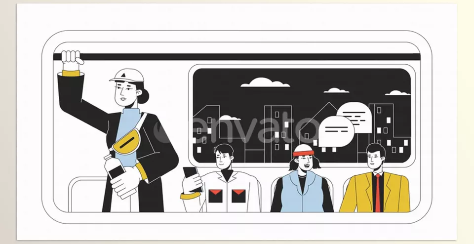 Multiethnic passengers in public vehicle - Diverse adults riding to work 4K video motion graphic.