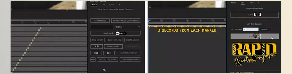 Rapid Reel Composer - Eliminate the hassle of manually trimming or splitting long footage. Instead, you can easily place markers by pressing the asterisk (*) key at your preferred points, and the tool will automatically segment the selected layer into several short clips.