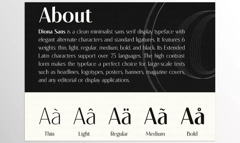 Diona Sans Font Family - Its Extended Latin characters support over 75 languages.