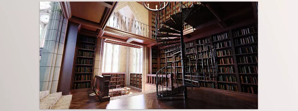 Blender - Classic Library for Blender Eevee and Cycles - Gothic library interior with vaulted ceilings and stained glass windows.