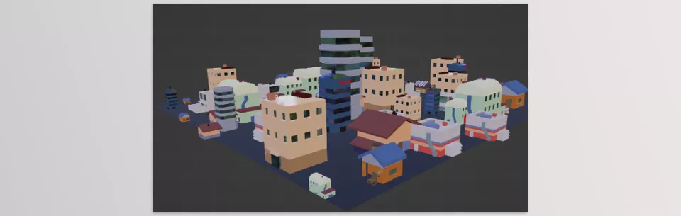 CGCOOL - Low Poly Environment Builder - A bustling low-poly cityscape with unique geometric shapes, ideal for game developers or concept artists looking to add a simplified urban environment.
