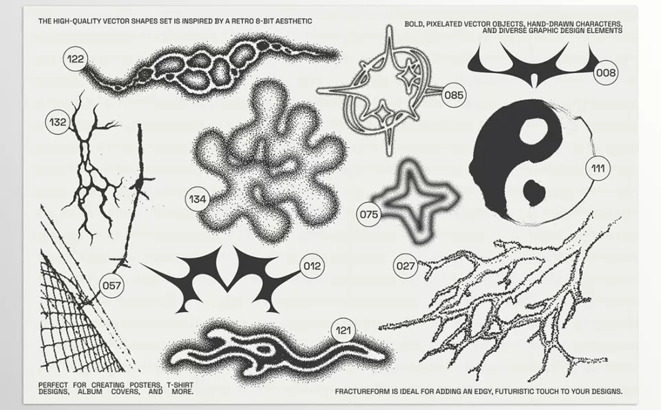 Creative Market - FractureForm Graphic Pack - Bring bold, pixelated designs to life with this collection of retro-inspired vector elements.