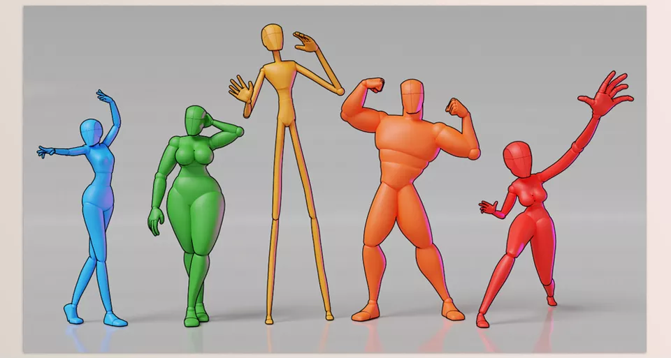 Blender - Adjustable Mannequin - Fantasy-posed characters created with visuals can easily be exported with Blender.