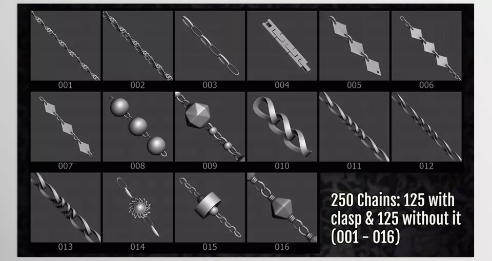 Jewelry Chains Maker 250 ZBrush Curve IMM Brushes for ZBrush - Let your creativity flourish with an exhaustive collection of chain designs fit for any artistic style.