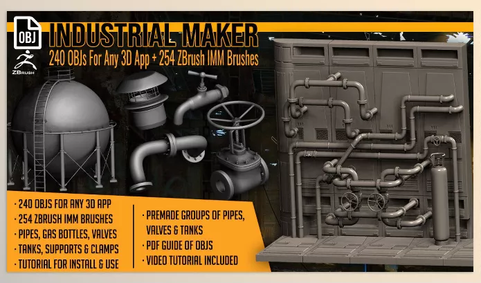 Asset – Industrial Maker 240 OBJs and 254 ZBrush IMM Brushes by Artistic Squad – Download