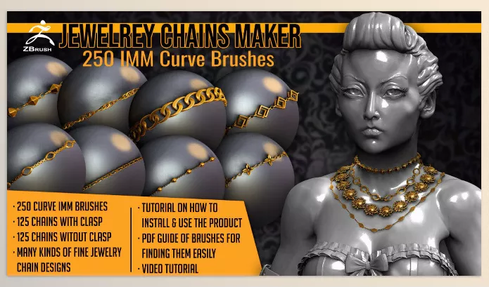 Asset – Jewelry Chains Maker 250 ZBrush Curve IMM Brushes for ZBrush by Artstation – Download
