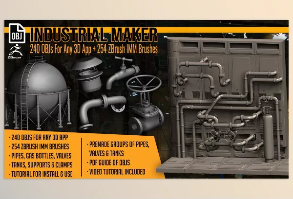 Asset – Industrial Maker 240 OBJs and 254 ZBrush IMM Brushes by Artistic Squad – Download