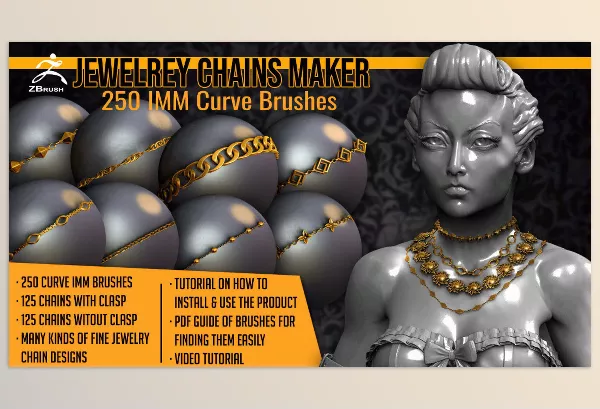 Asset – Jewelry Chains Maker 250 ZBrush Curve IMM Brushes for ZBrush by Artstation – Download